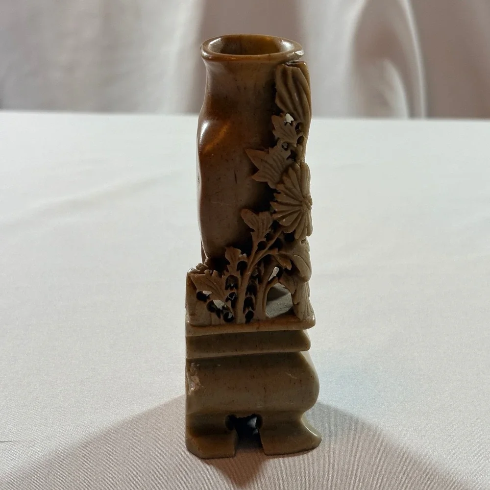 Vintage Hand Carved Soapstone Bud Vase Chinese Floral Relief Tan 5.5 Inch